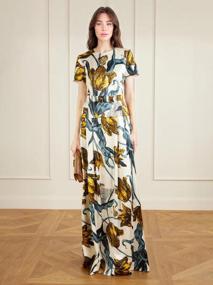 Fashion Printed Satin Waist-Cinching Maxi Dress