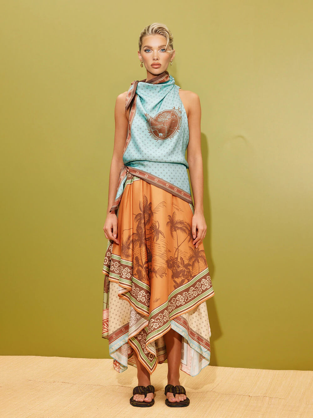 Retro Fashion Printed Scarf-Style Waist Tie Design Midi Dress