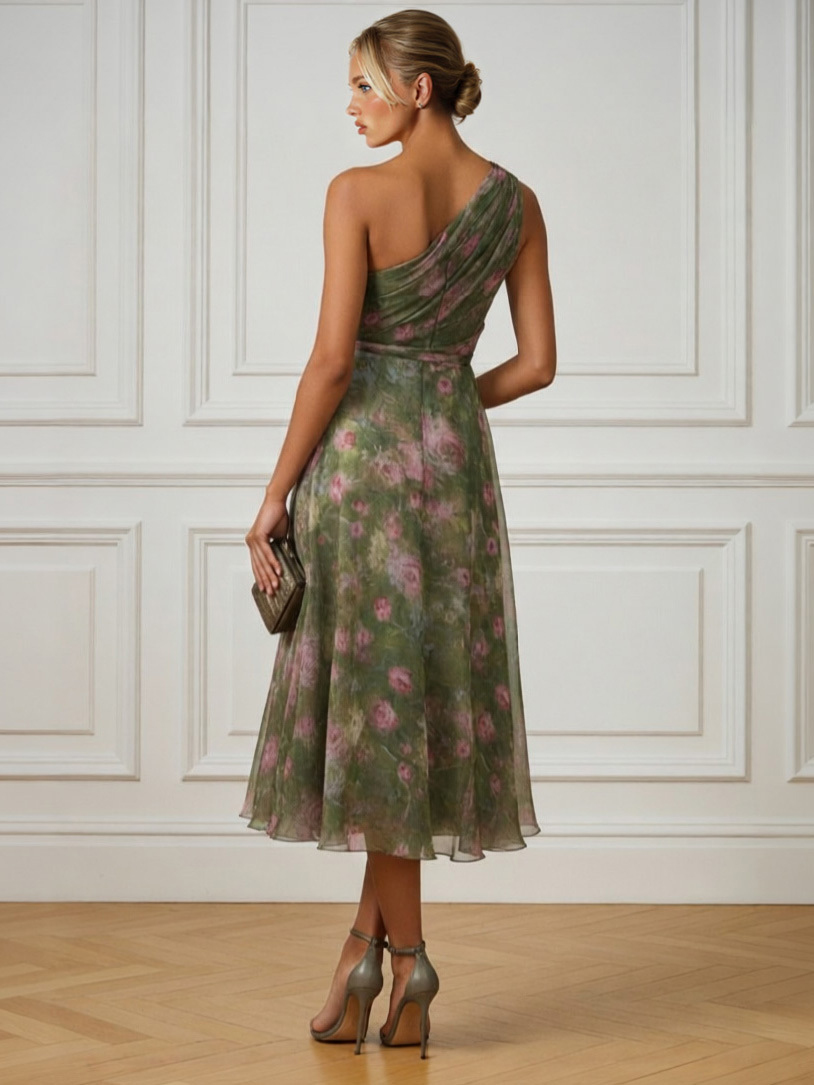 Elegant Floral Print One-Shoulder Chiffon Ruffle Midi Cocktail Dress