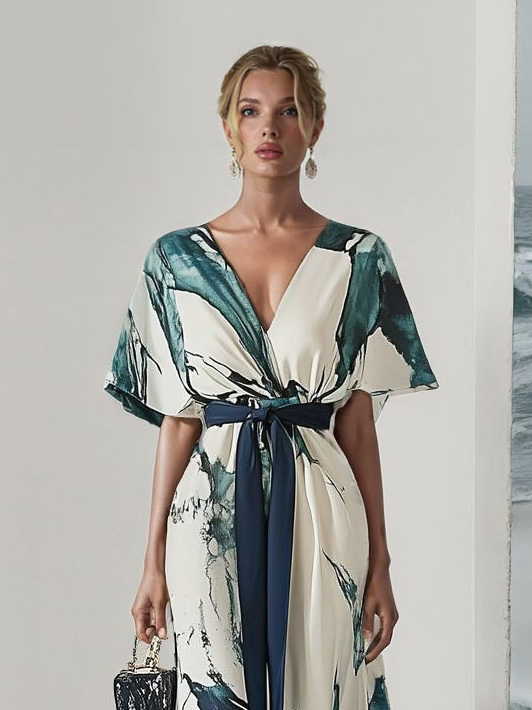 Elegant Watercolor Print V-Neck Flowing Maxi Dress