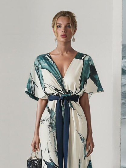 Elegant Watercolor Print V-Neck Flowing Maxi Dress