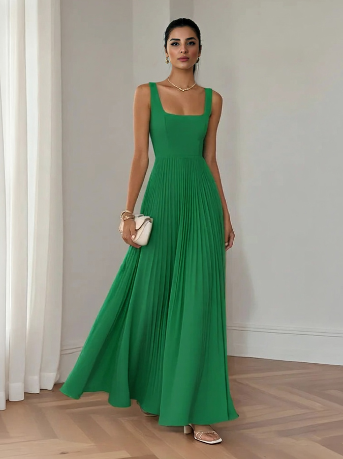 Elegant Square-neck Pleated Maxi Dress
