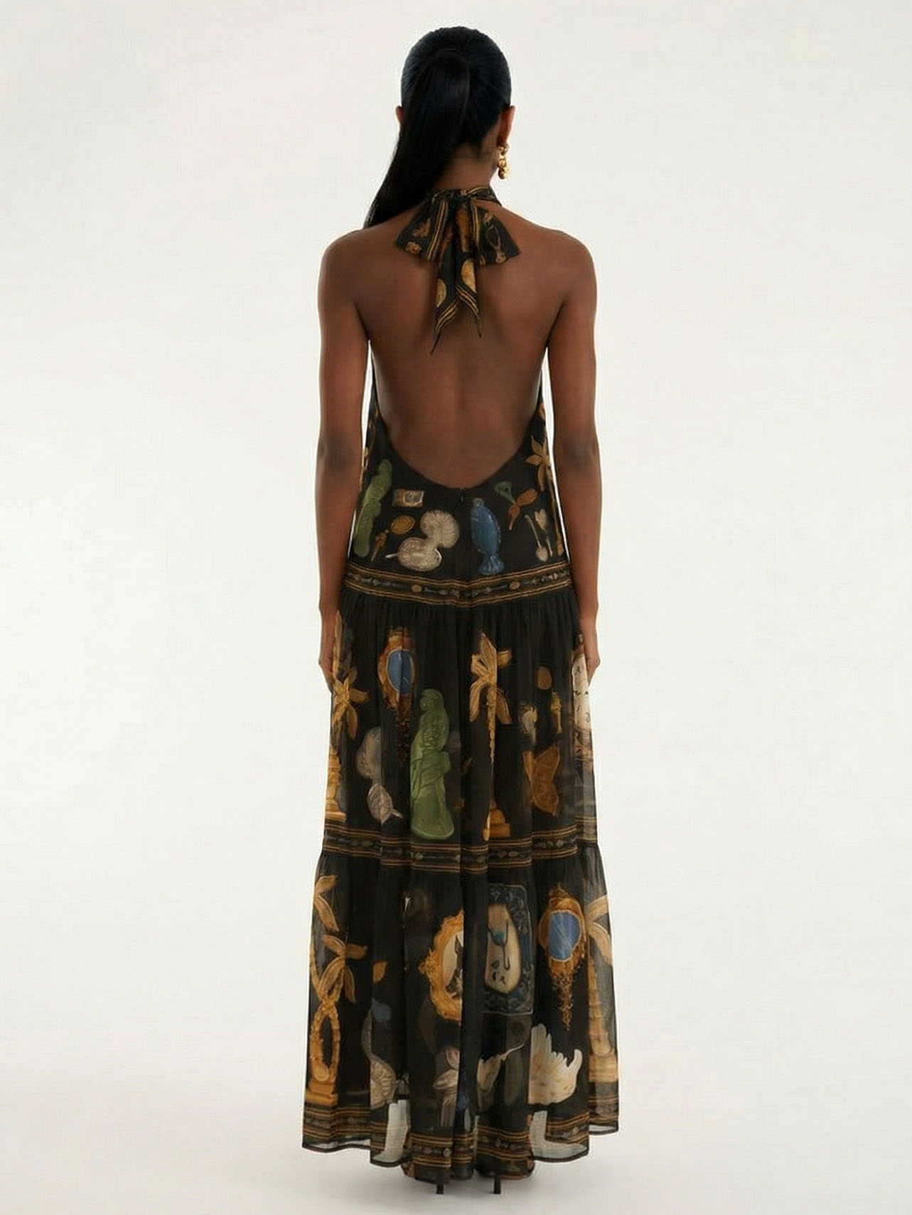 Retro Art Print Backless Layered Maxi Dress
