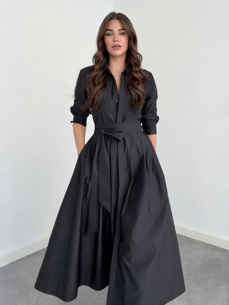 Elegant Long-Sleeve Tie-Waist Shirt Midi Dress