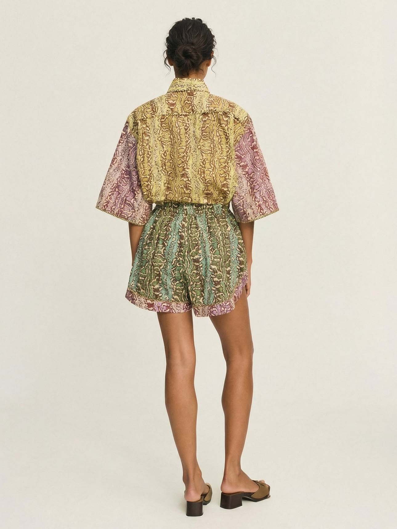 Luxury Patchwork Snakeskin Print Shirt & Shorts Set