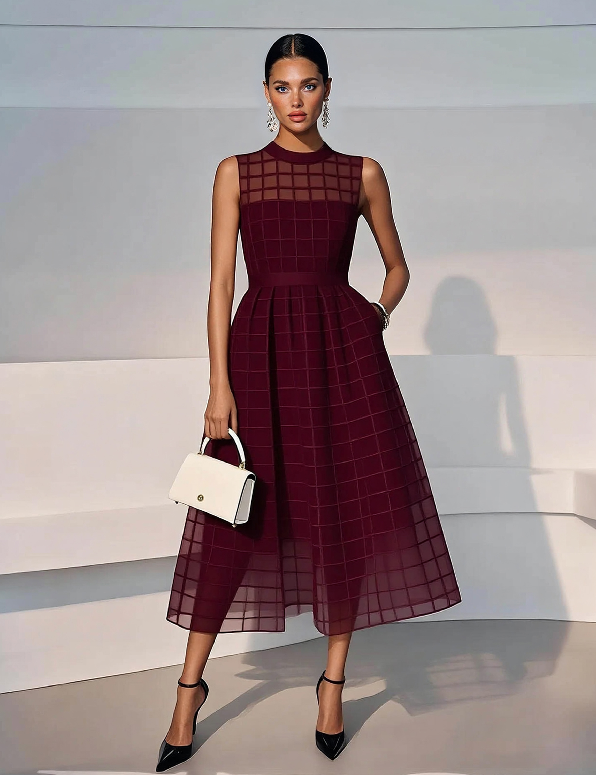 Elegant Sheer Mesh Pattern Midi Dress