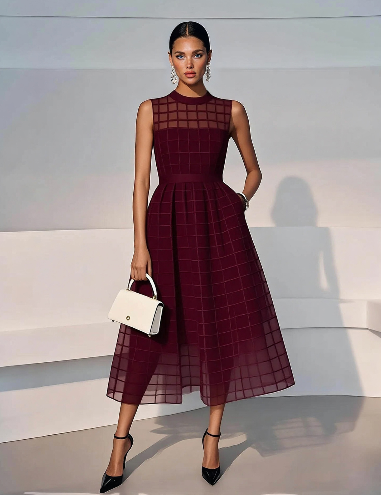 Elegant Sheer Mesh Pattern Midi Dress