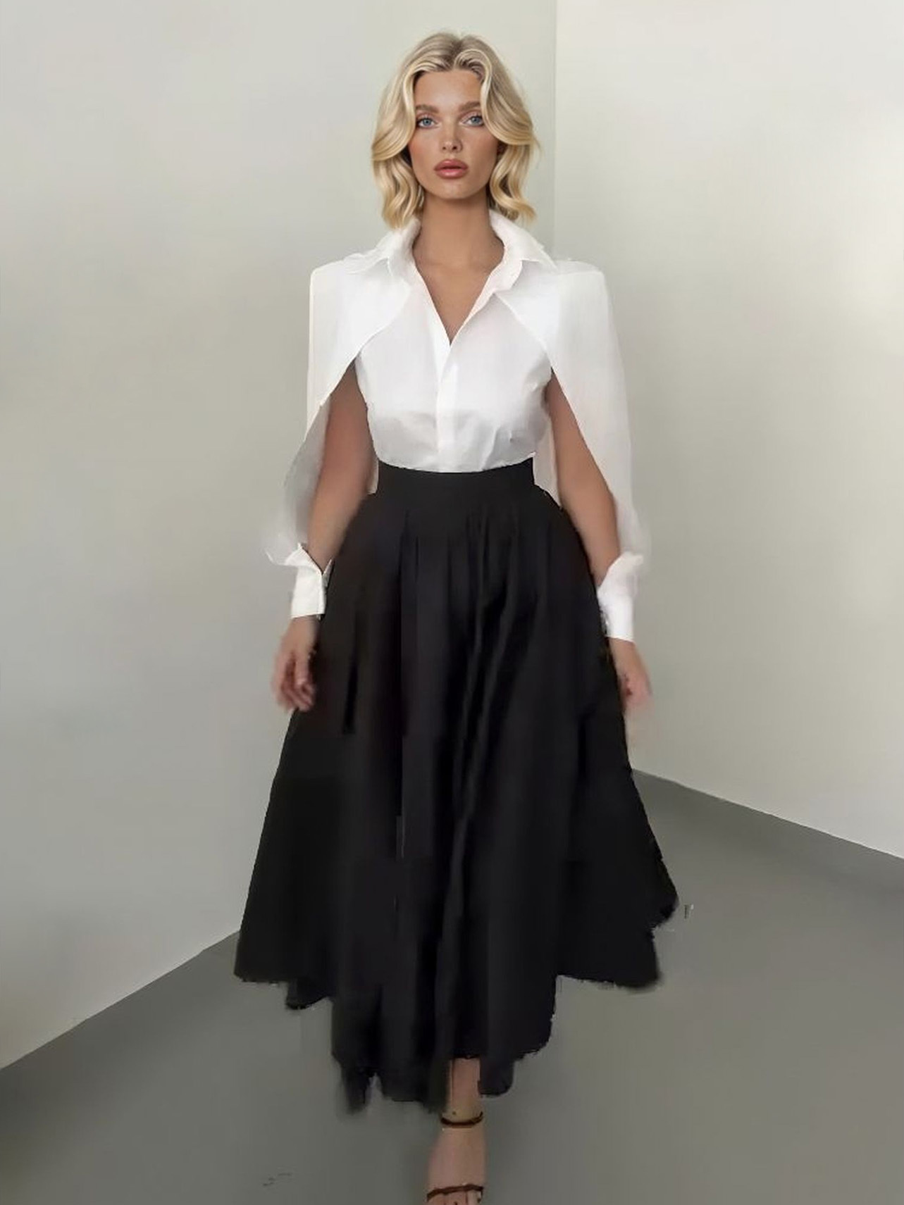 Elegant Cape-Shoulder Shirt And Asymmetrical A-Line Midi Skirt Set