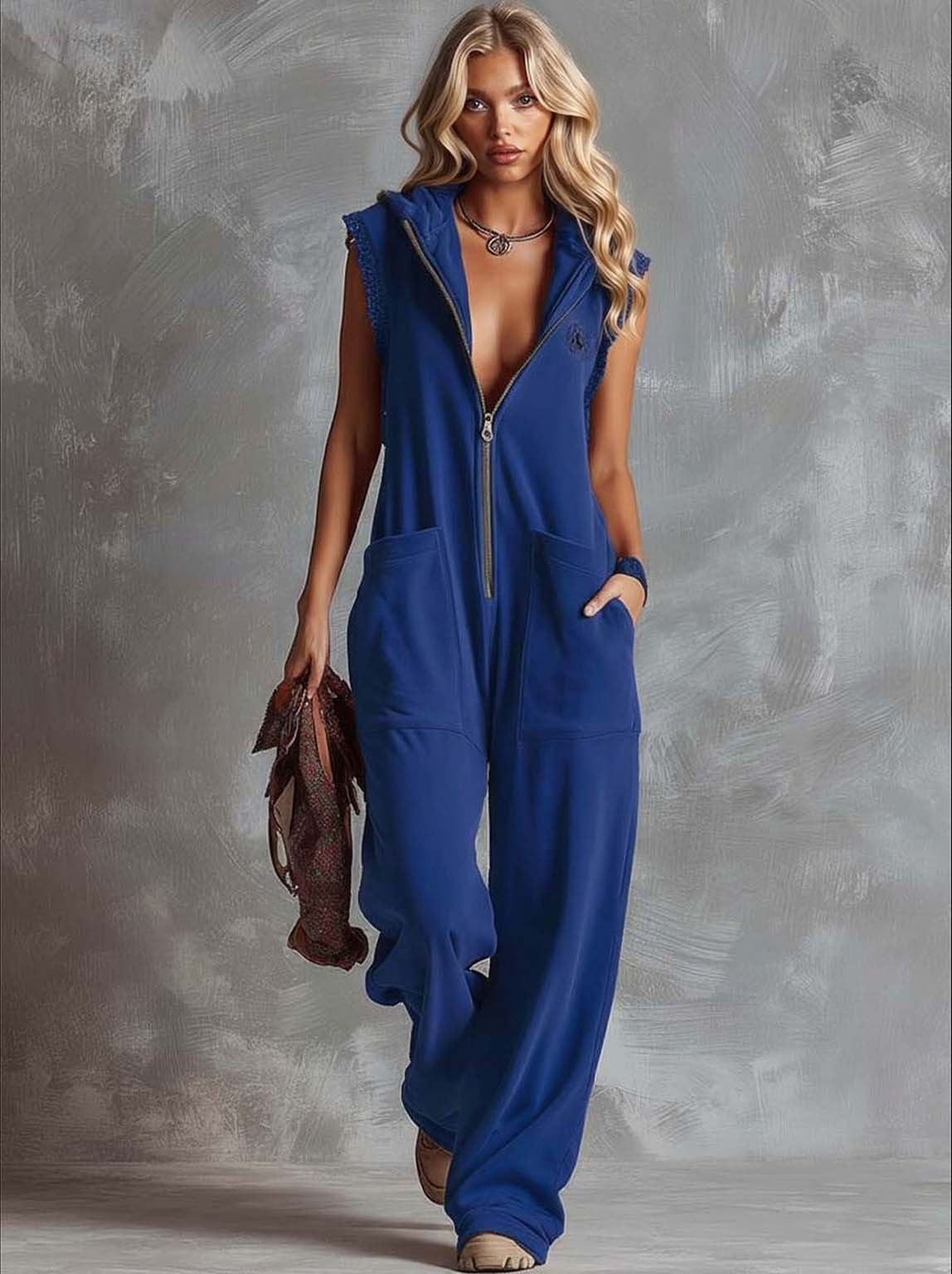 Retro Hooded V-Neck Zip-Front Jumpsuit