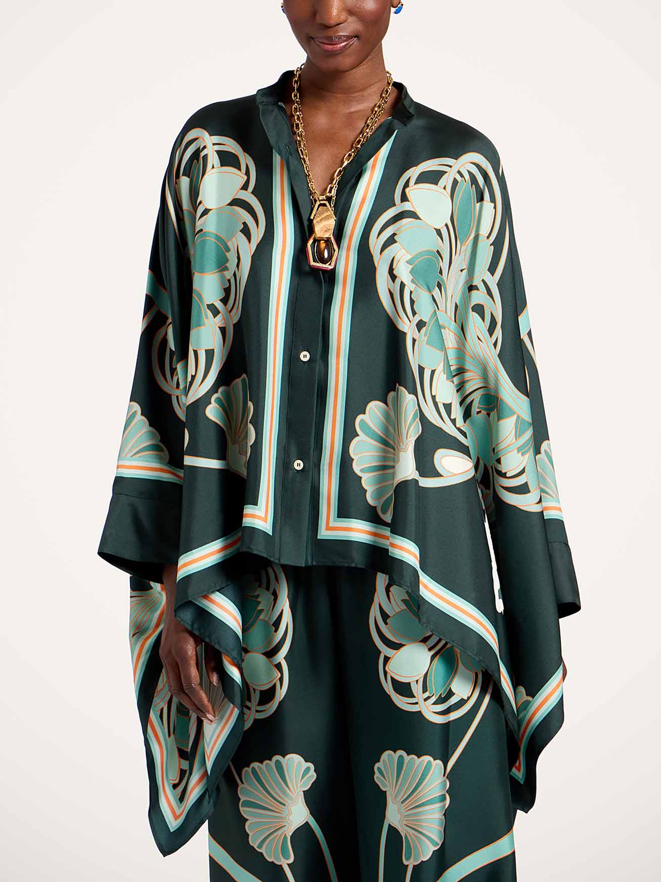 Elegant Abstract Print Satin Shirt & Wide Leg Pants Set