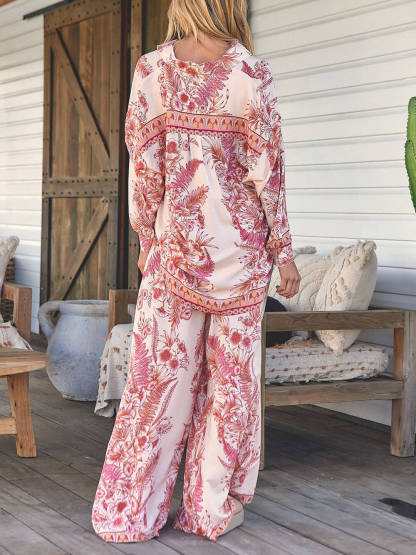 Warm Holiday Floral Printed Loose Button Oversized Shirt