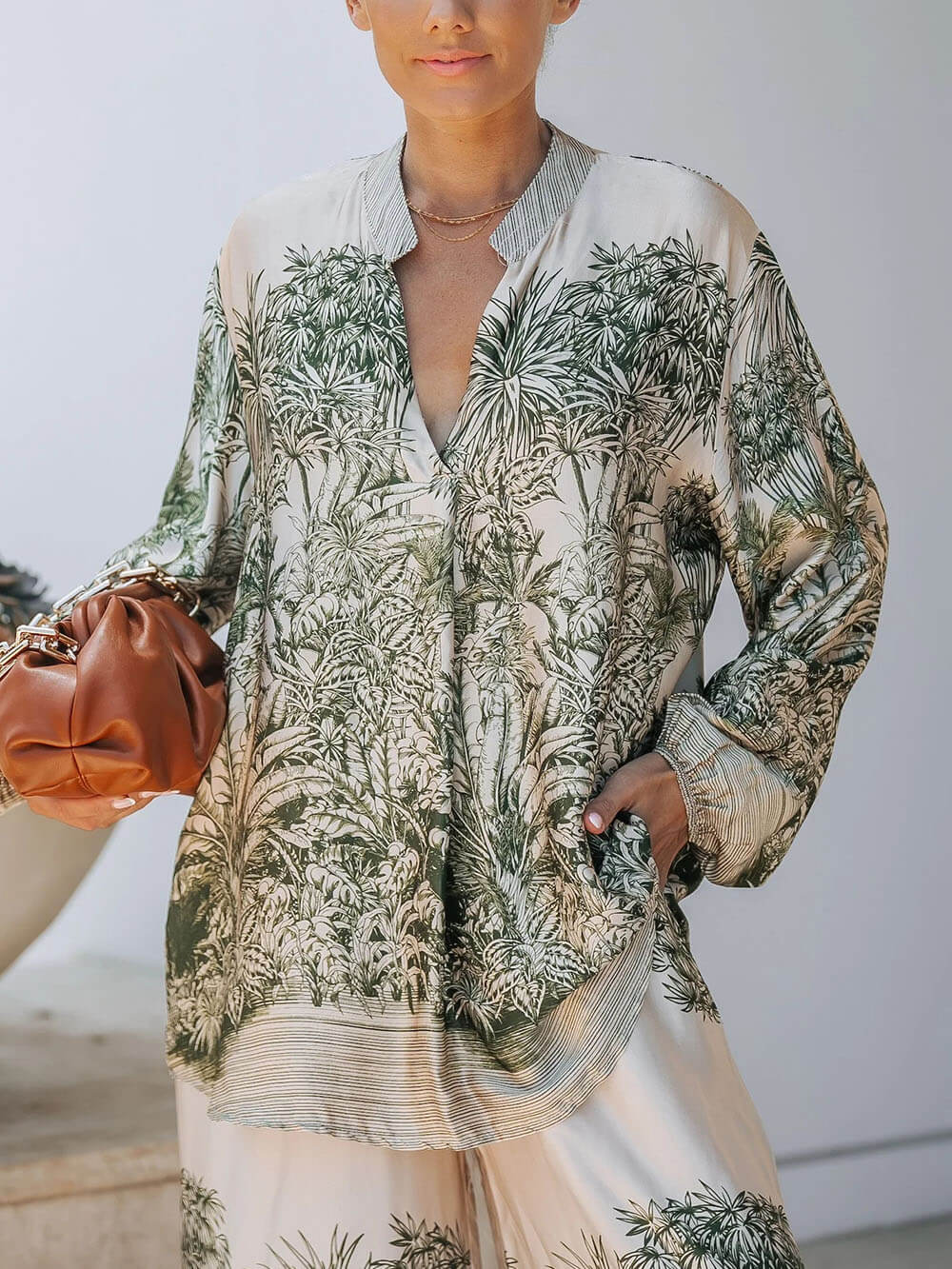 Casual Palm Leaf Print Loose-fitting Shirt