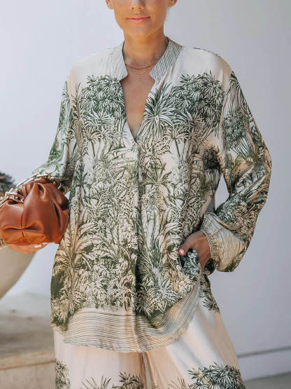 Casual Palm Leaf Print Elastic Waist Wide-Leg Pants