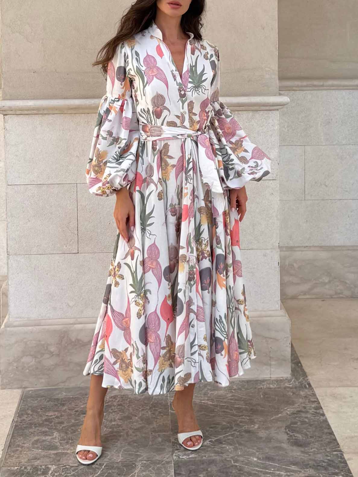 Elegant Botanical Floral Print Midi Dress