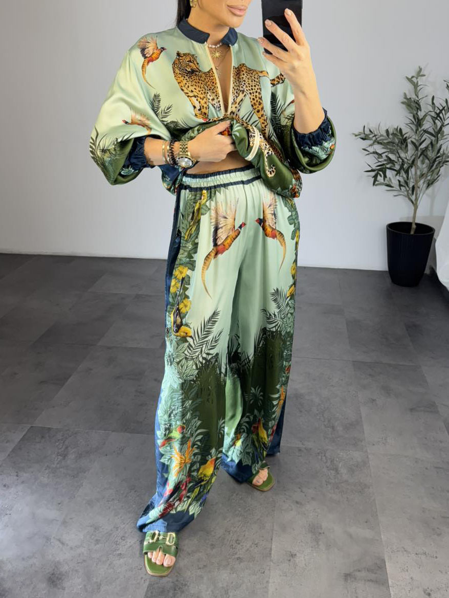 Exotic Jungle Print Zip-Up Long Sleeve Shirt