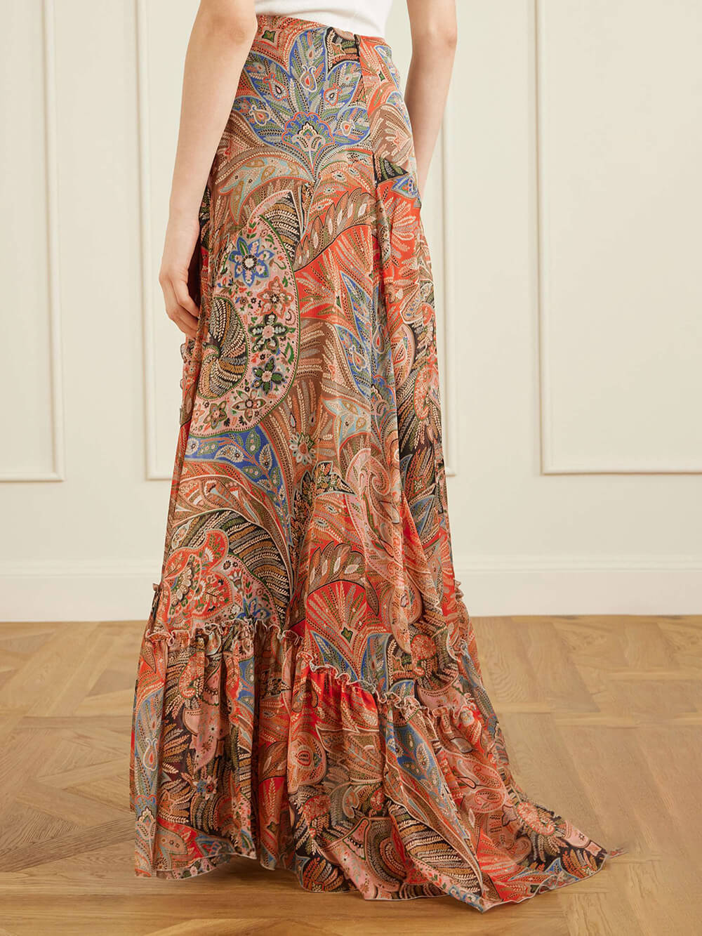 Exquisite Floral Print Ruffle Slit Maxi Skirt