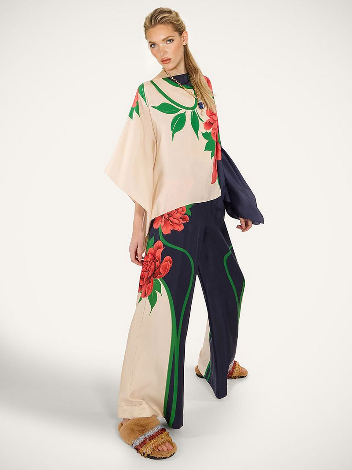 Paisley Print Asymmetric Sleeve Shirt & Wide-Leg Pants Two-Piece Set