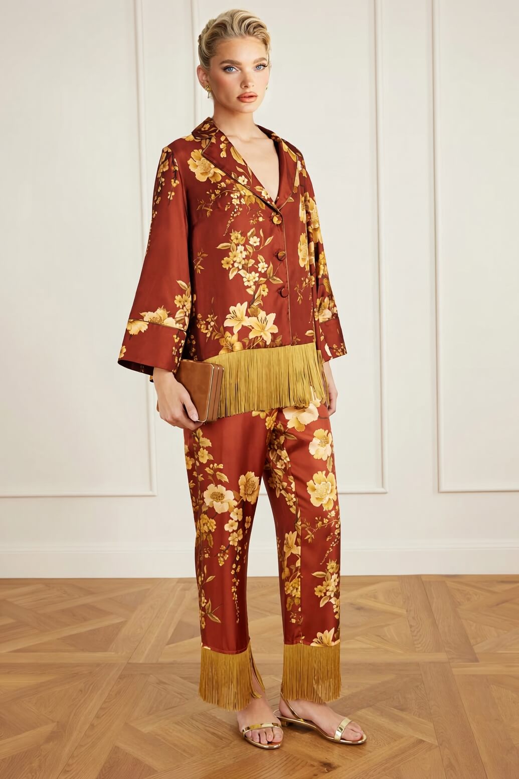 Exquisite Tassel Floral Print Satin Twill Wide-Leg Pants