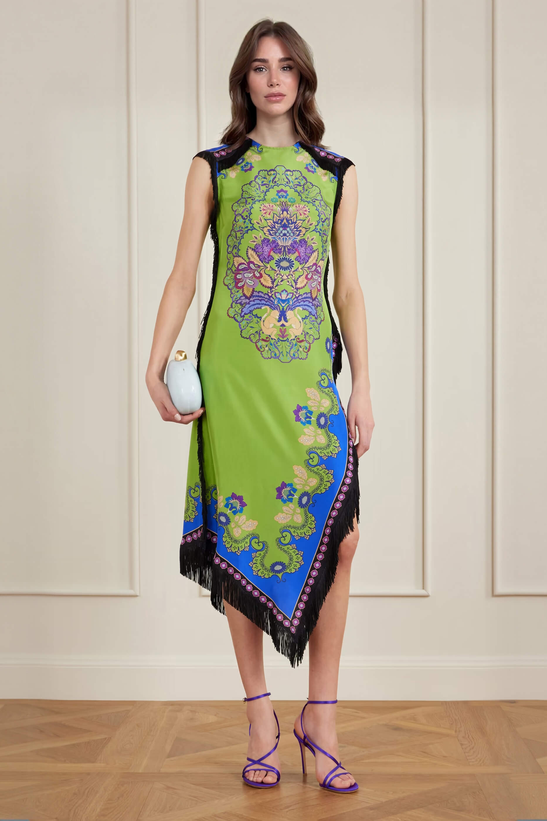 Exquisite Tassel Asymmetrical Print Satin Midi Dress