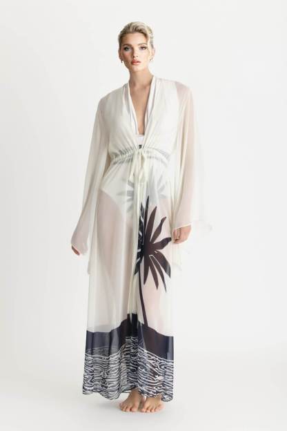 Sexy Kimono Palm Tree Print Beach Cover-Up