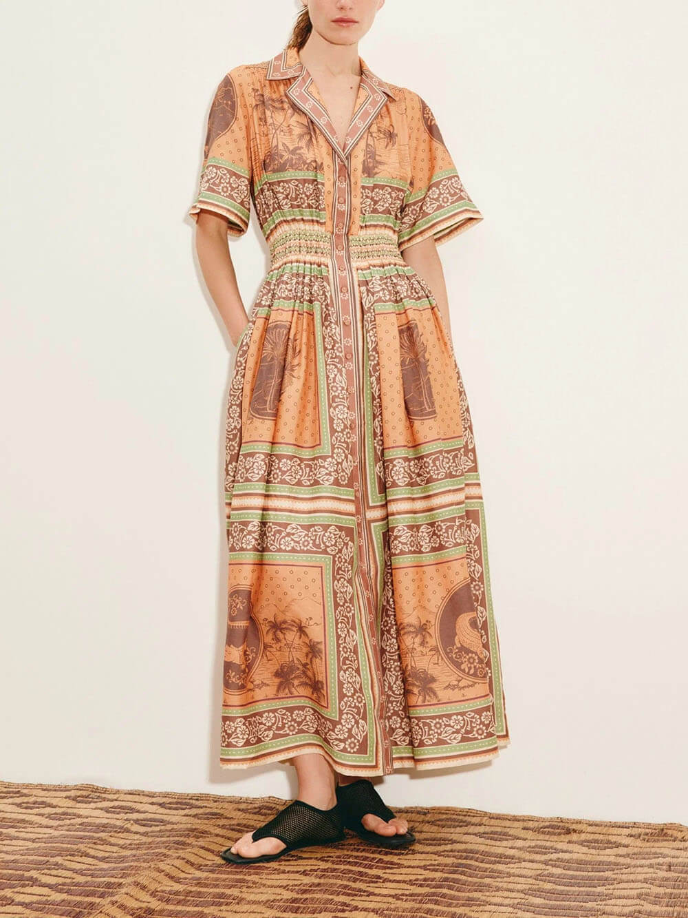 Modern Print Waist-Defined Ruched Button-Front Pocket Maxi Shirtdress