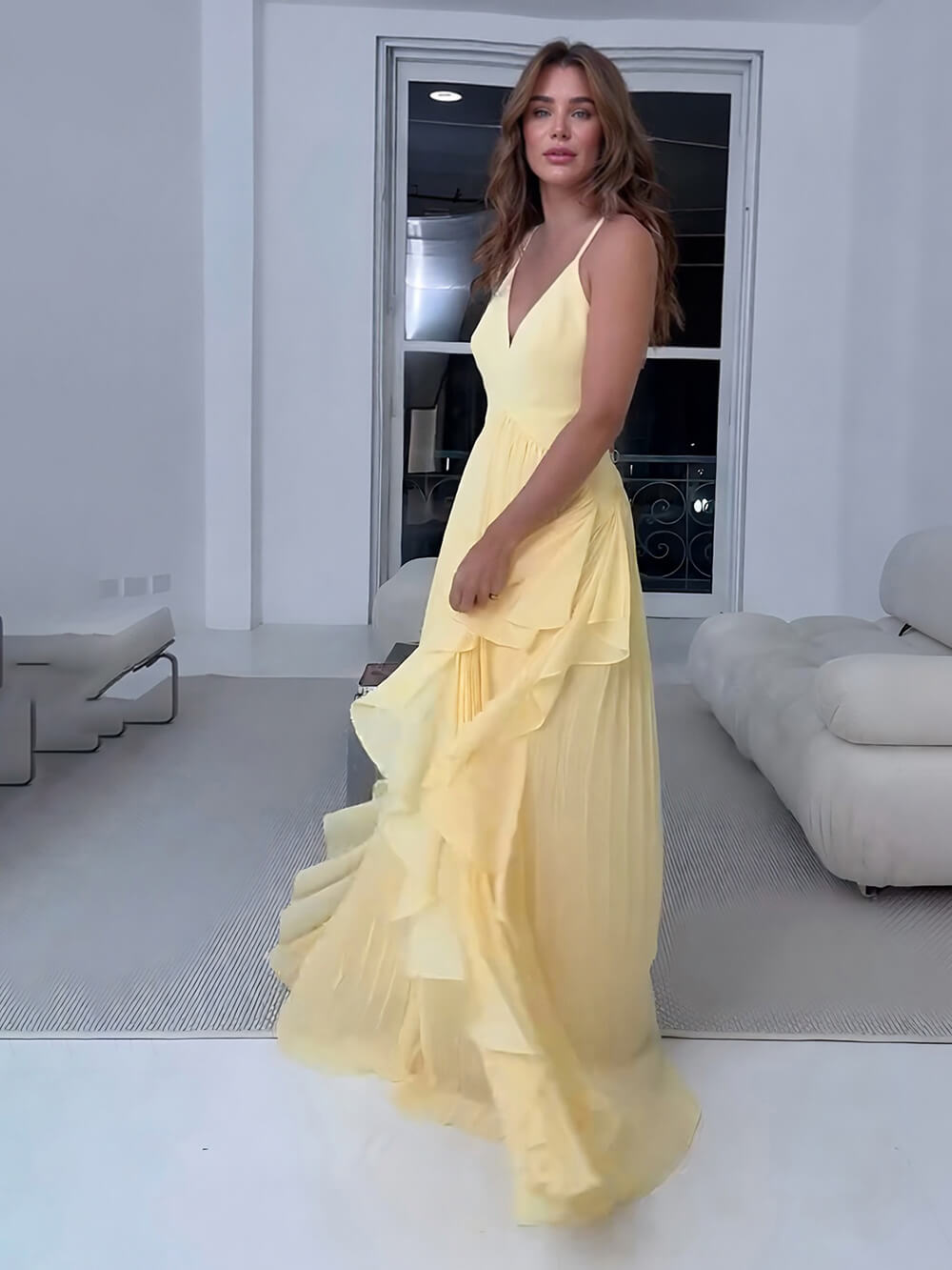 Delicate Yellow Layered Patchwork Ruched Party Maxi Dress