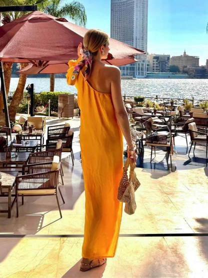 Boho One-Shoulder Slit Vacation Maxi Dress