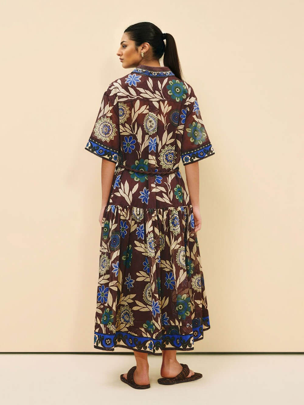 Retro Print Button-Front With Braided Rope Belt Maxi Shirtdress