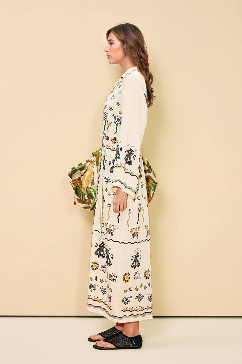 Modern Print Button-Front Tie-Waist Loose Maxi Shirtdress