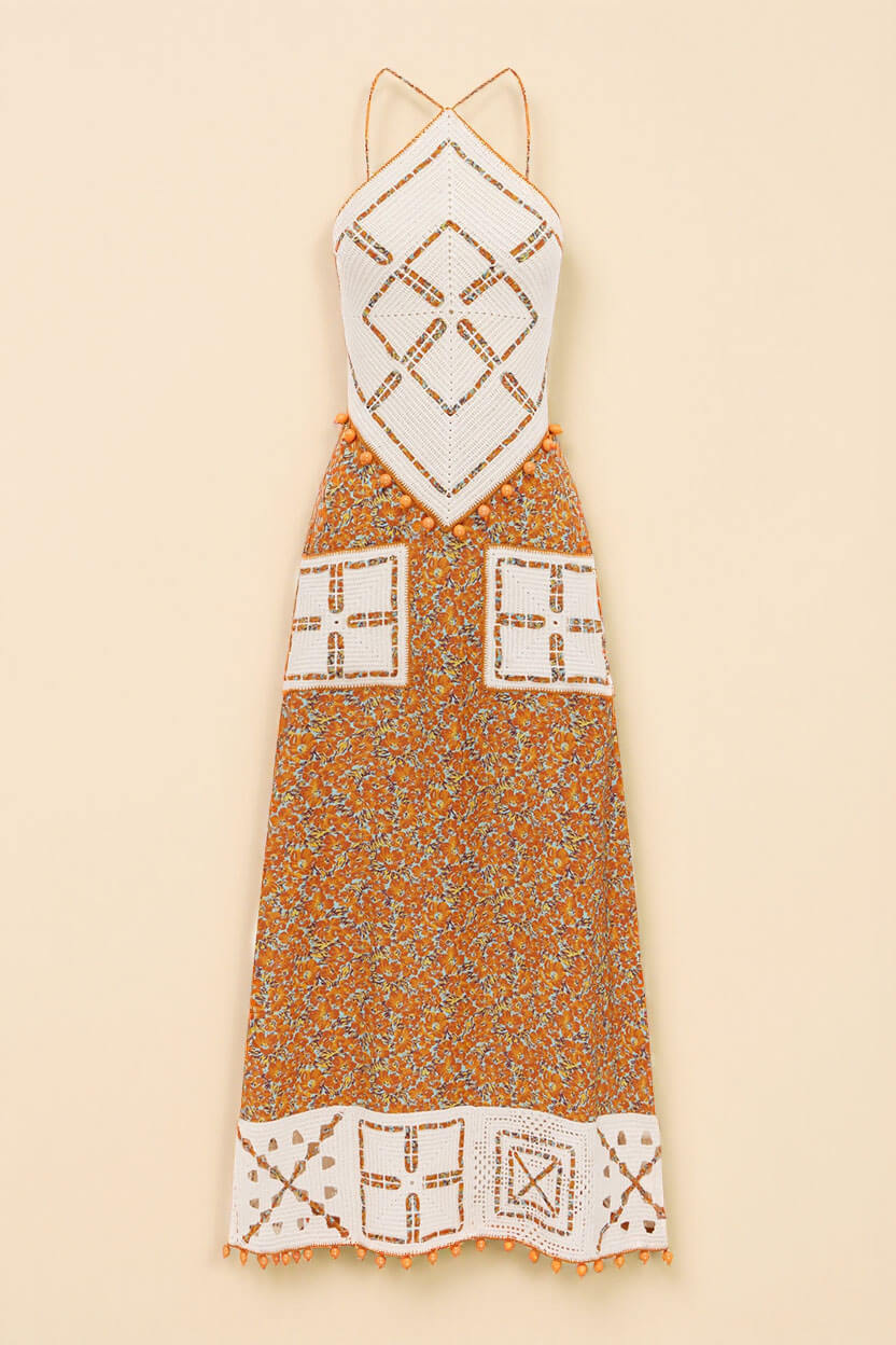 Retro Print Crochet Backless Maxi Dress