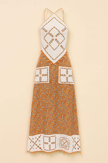 Retro Print Crochet Backless Maxi Dress