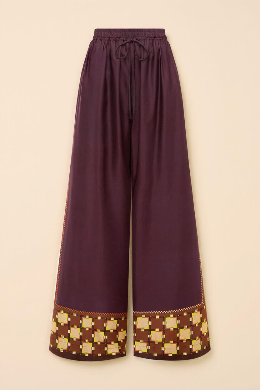 Unique Paisley Color-Block Satin Shirt And Elastic Waist Wide-Leg Pants Set