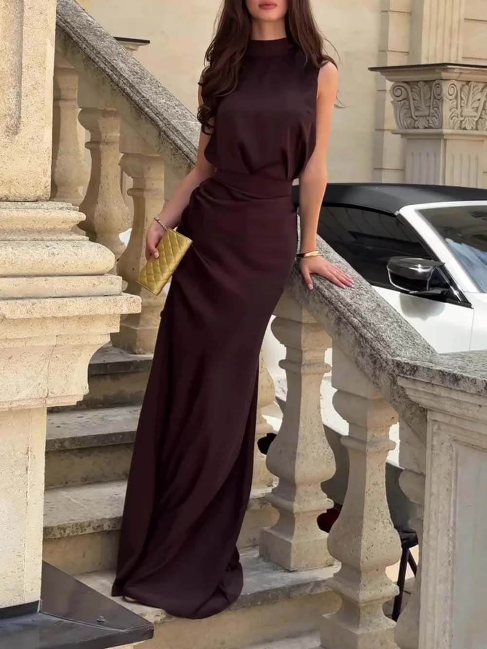 Exquisite Chocolate Brown High-neck Sleeveless Maxi Dress