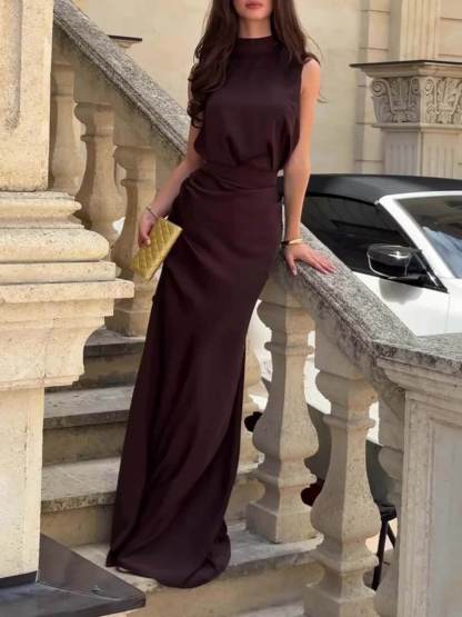 Exquisite Chocolate Brown High-neck Sleeveless Maxi Dress