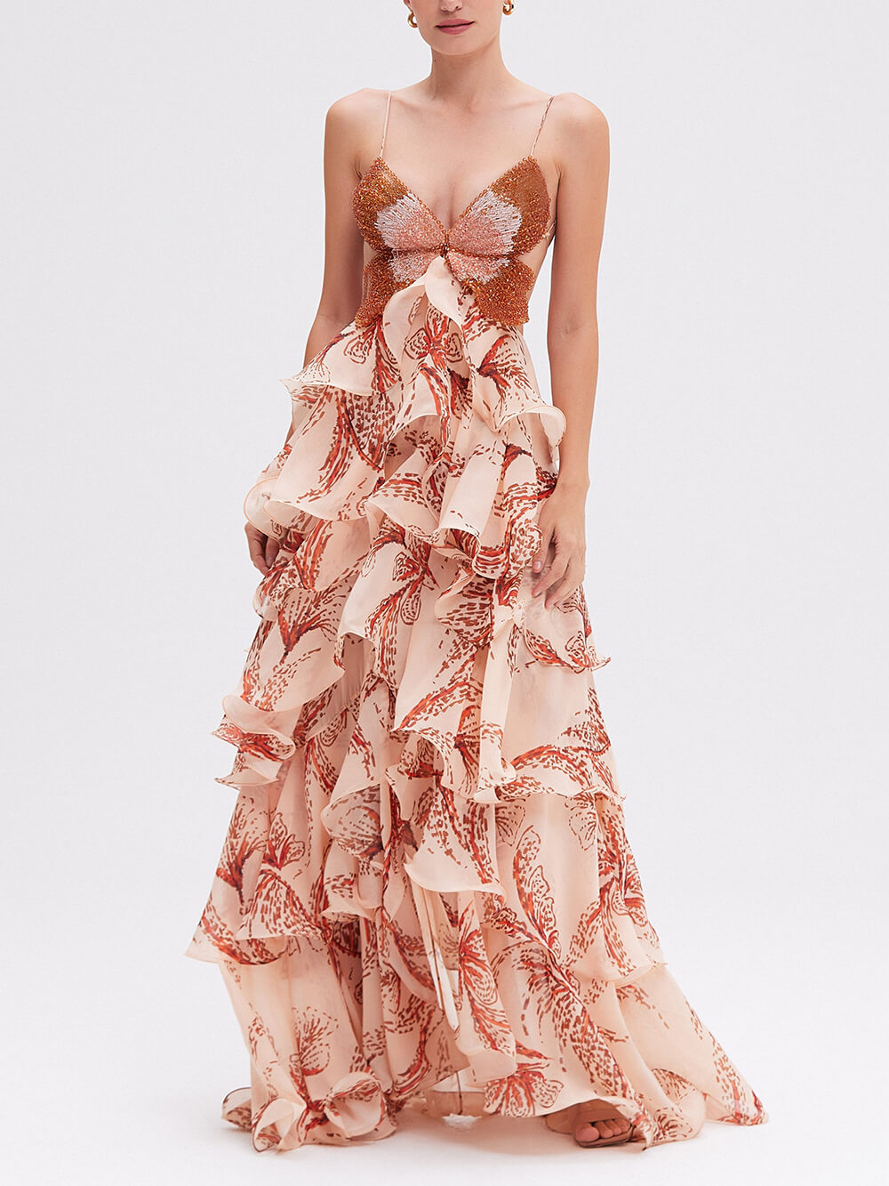 Tiered Sunset Butterfly Print Halter Back Maxi Dress