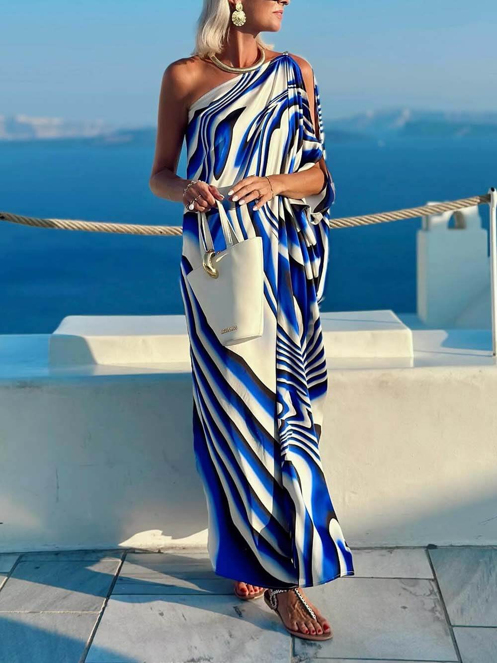 Unique Printed Cutout One-shoulder Holiday-style Loose Maxi Dress