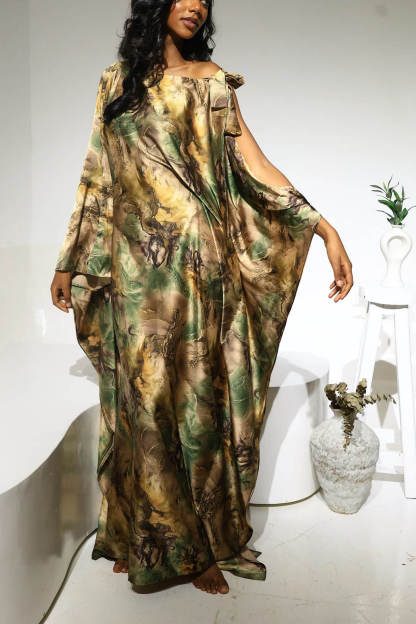 Unique Satin Asymmetrical Marble Print Maxi Dress