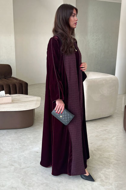 Elegant Burgundy Printed Velvet Robe Cardigan
