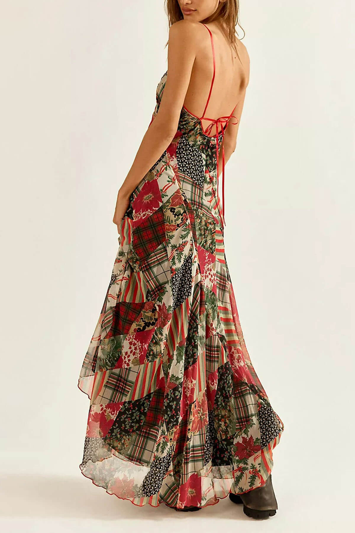 Fashion Printed Backless Spaghetti Strap A-Line Holiday Maxi Dress