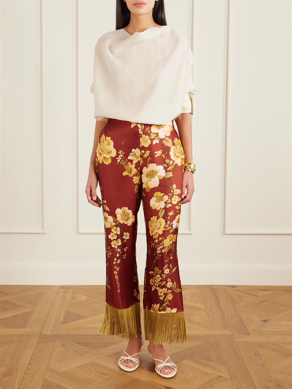 Exquisite Fringe Floral Print Satin Shirt and Elastic-Waist Wide-Leg Pants Set