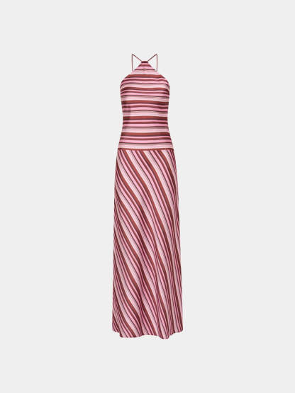 Exquisite Striped Print Spaghetti-Strap Draped A-Line Maxi Dress