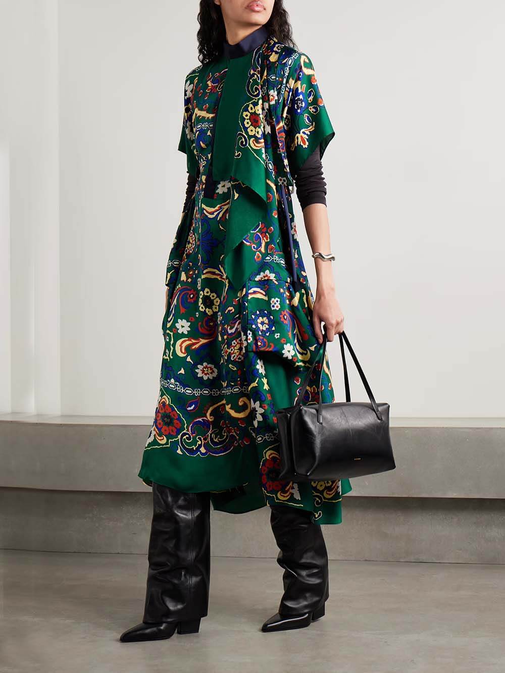 Unique Draped Print Satin Midi Dress