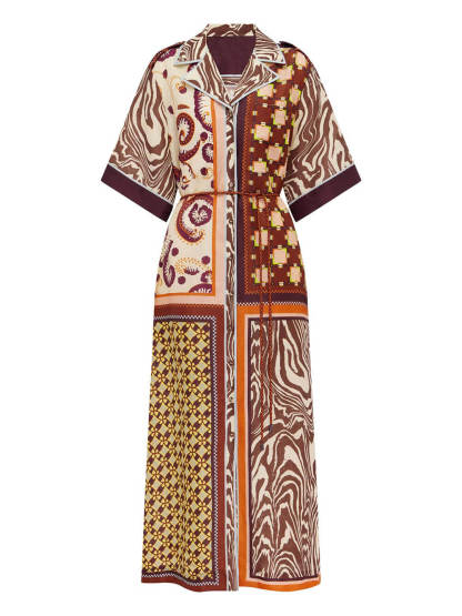 Unique Color-Block Print Side Pocket Loose Maxi Shirtdress