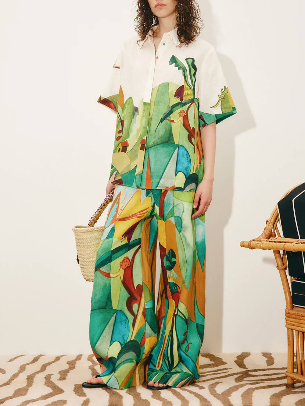 Unique Modern Linen Abstract Print Button-Up Shirt And Loose Wide-Leg Pants Set