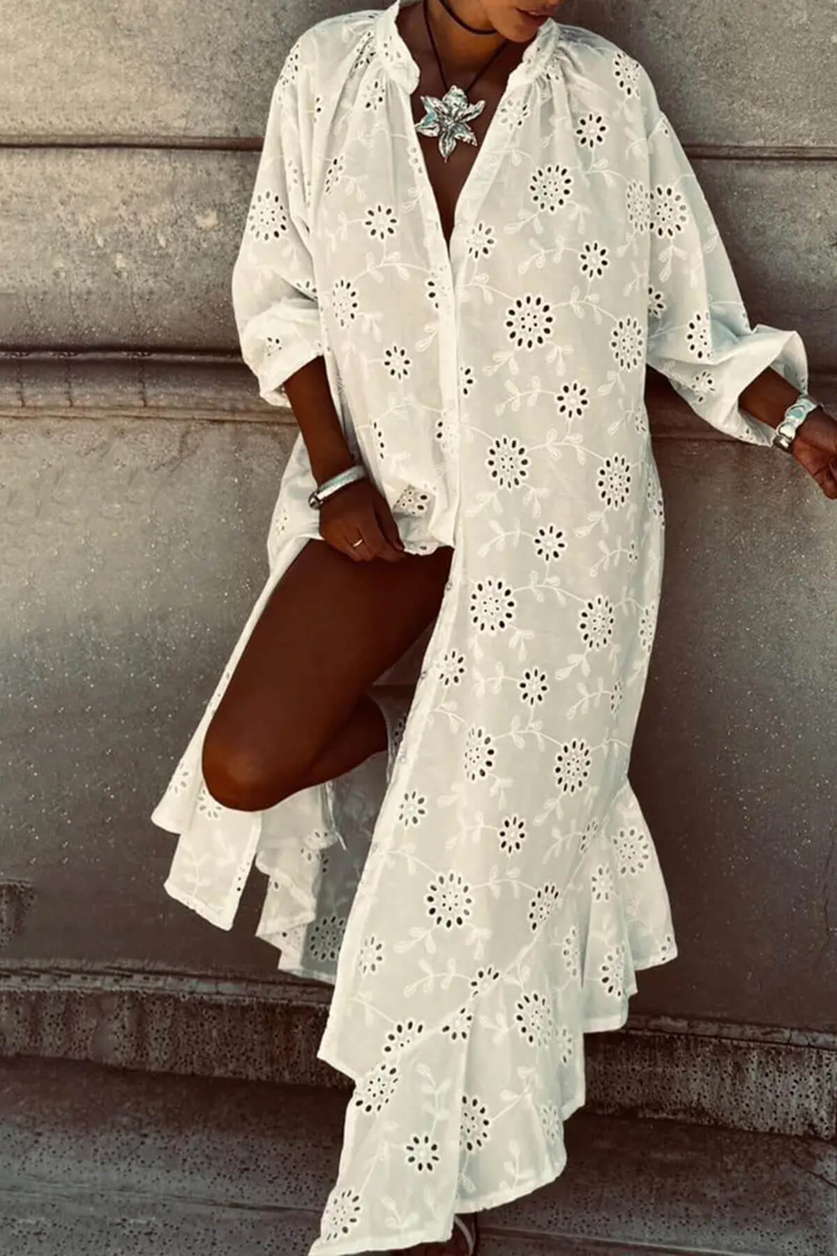 Casual Cutout Lace Crochet Ruffle Maxi Dress