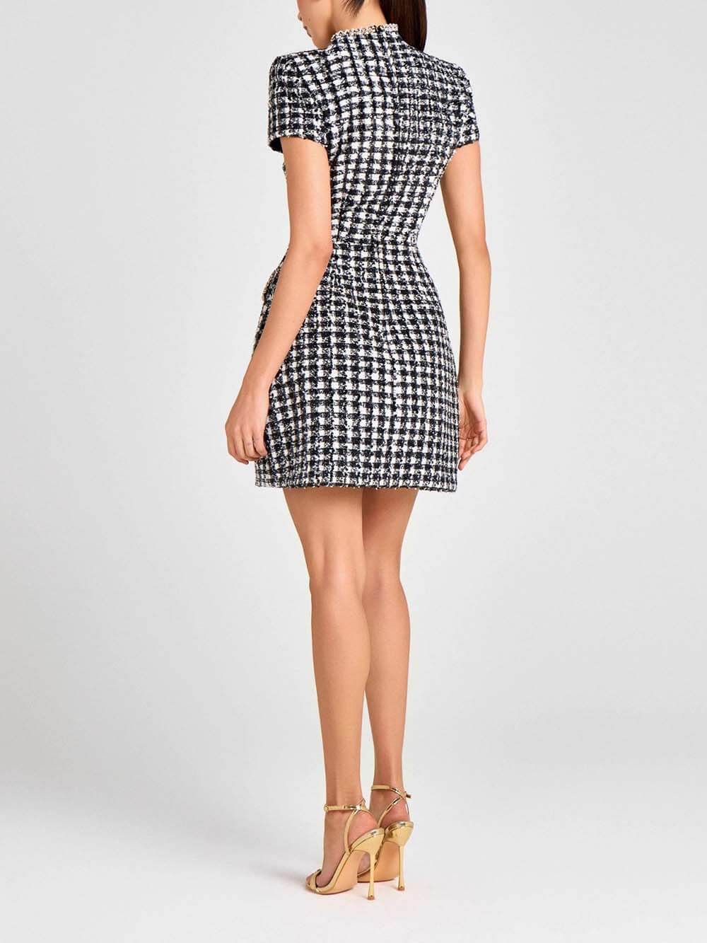 Elegant Sequin Beaded Plaid Tweed Mini Dress
