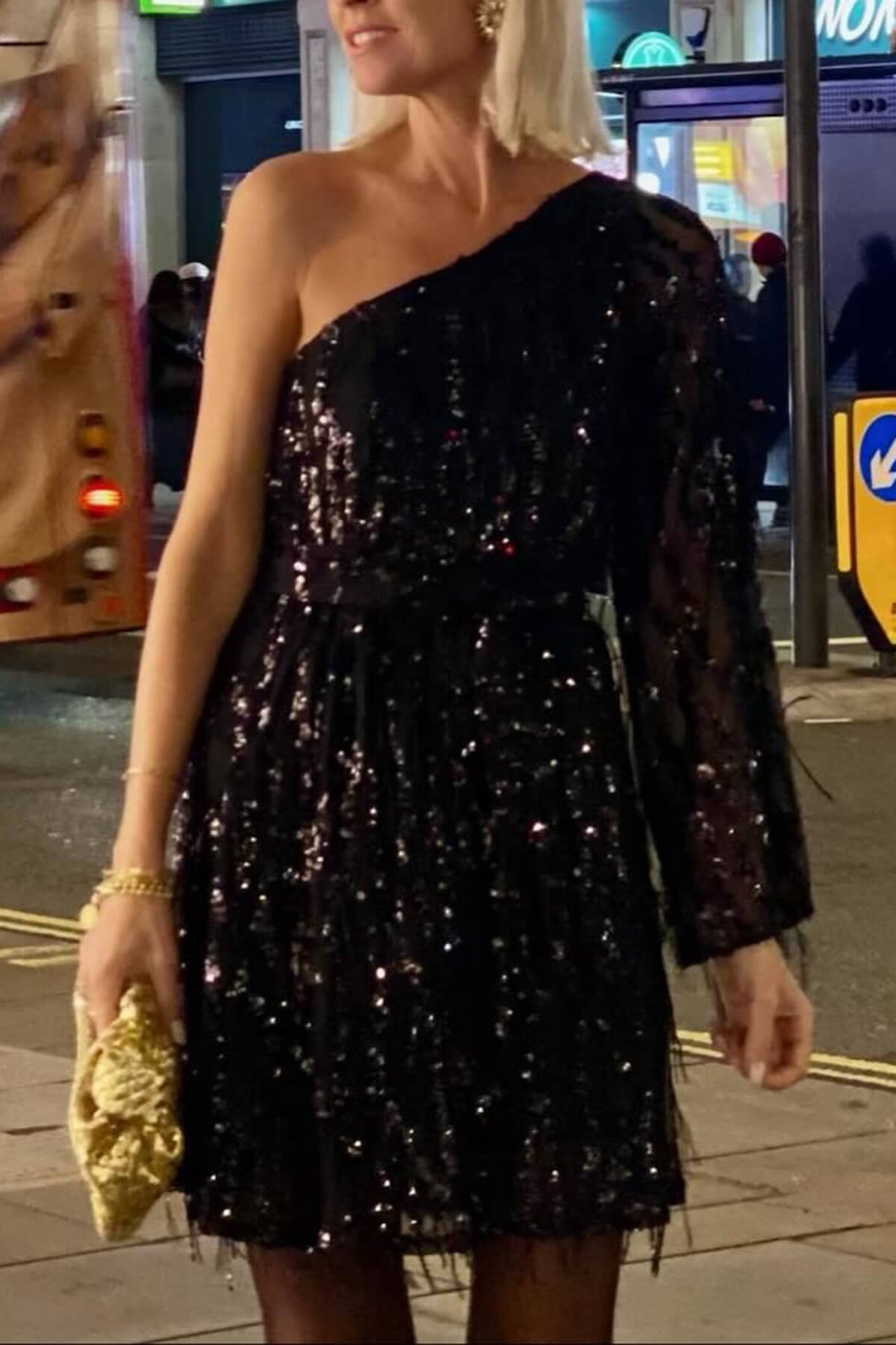 Exquisite Sequined One-Shoulder Tassel Mini Dress