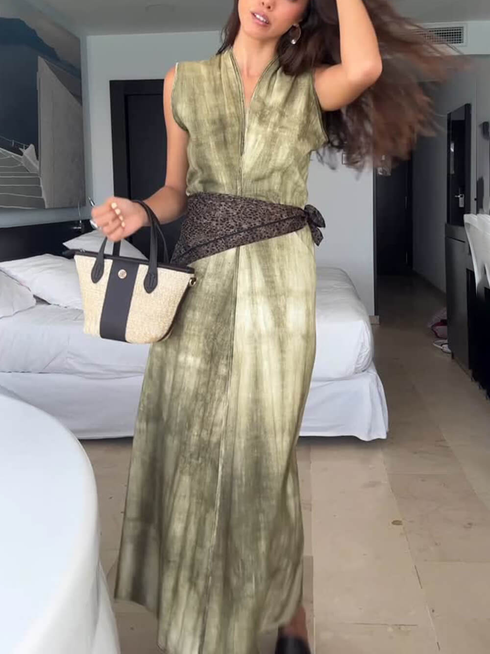 Exquisite Abstract Tie-Dye Print Linen Sleeveless Vacation Midi Dress