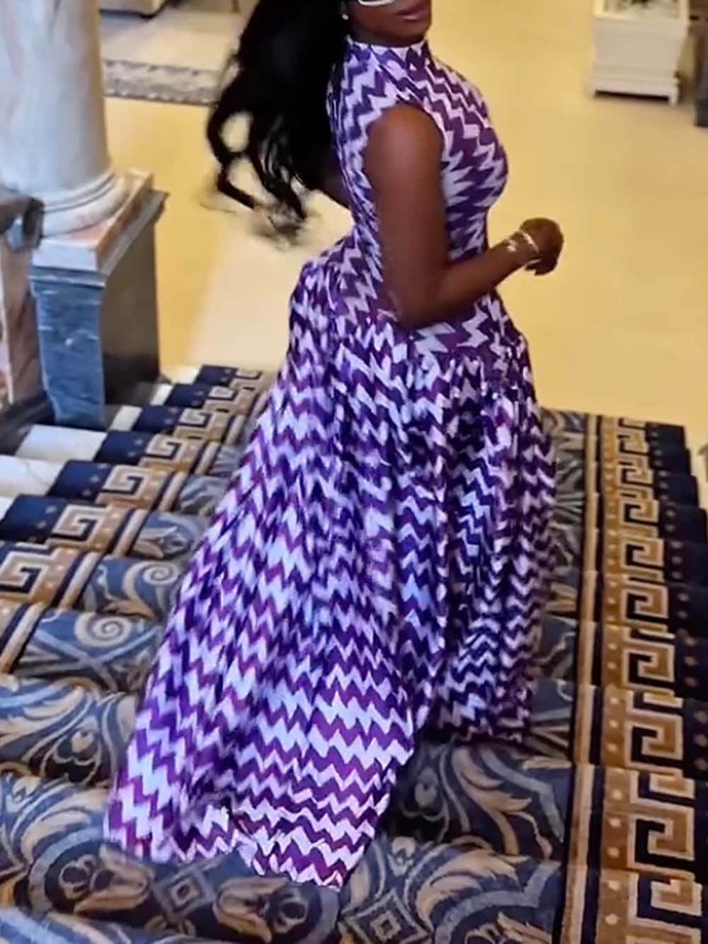 Unique Purple Zigzag Print Stretch Maxi Dress