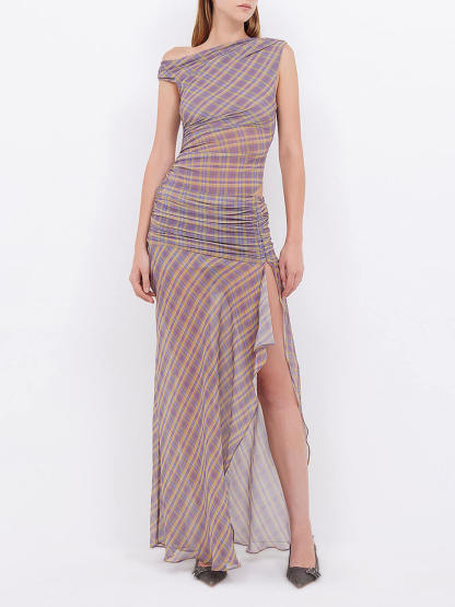 Retro Check Plaid Print Asymmetric Ruched Slit Maxi Dress